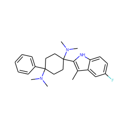 Cc1c(C2(N(C)C)CCC(c3ccccc3)(N(C)C)CC2)[nH]c2ccc(F)cc12 ZINC000147083708