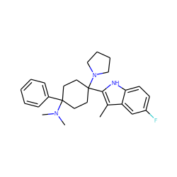 Cc1c(C2(N3CCCC3)CCC(c3ccccc3)(N(C)C)CC2)[nH]c2ccc(F)cc12 ZINC000147101126