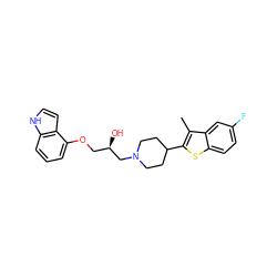 Cc1c(C2CCN(C[C@H](O)COc3cccc4[nH]ccc34)CC2)sc2ccc(F)cc12 ZINC000013490094