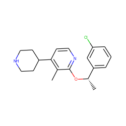 Cc1c(C2CCNCC2)ccnc1O[C@@H](C)c1cccc(Cl)c1 ZINC000040409886