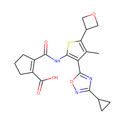 Cc1c(C2COC2)sc(NC(=O)C2=C(C(=O)O)CCC2)c1-c1nc(C2CC2)no1 ZINC000147080777