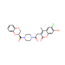 Cc1c(CC(=O)N2CCN(C(=O)[C@@H]3COc4ccccc4O3)CC2)c(=O)oc2cc(O)c(Cl)cc12 ZINC000009435406