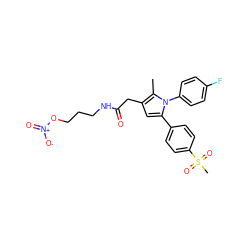 Cc1c(CC(=O)NCCCO[N+](=O)[O-])cc(-c2ccc(S(C)(=O)=O)cc2)n1-c1ccc(F)cc1 ZINC000103232556