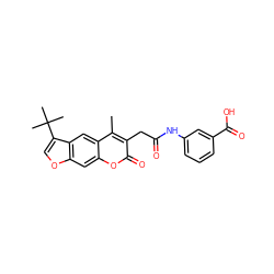 Cc1c(CC(=O)Nc2cccc(C(=O)O)c2)c(=O)oc2cc3occ(C(C)(C)C)c3cc12 ZINC000095581976