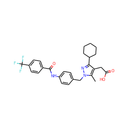 Cc1c(CC(=O)O)c(C2CCCCC2)nn1Cc1ccc(NC(=O)c2ccc(C(F)(F)F)cc2)cc1 ZINC000113989271