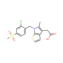 Cc1c(CC(=O)O)c2ccsc2n1Cc1ccc(S(C)(=O)=O)cc1Cl ZINC000066078132