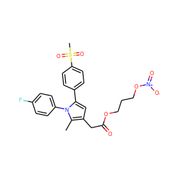 Cc1c(CC(=O)OCCCO[N+](=O)[O-])cc(-c2ccc(S(C)(=O)=O)cc2)n1-c1ccc(F)cc1 ZINC000082157833