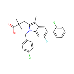 Cc1c(CC(C)(C)C(=O)O)n(Cc2ccc(Cl)cc2)c2cc(F)c(-c3ccccc3Cl)cc12 ZINC000653711402