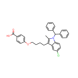 Cc1c(CCCCOc2ccc(C(=O)O)cc2)c2cc(Cl)ccc2n1C(c1ccccc1)c1ccccc1 ZINC000013678395