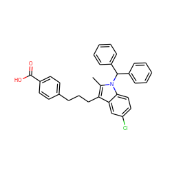 Cc1c(CCCc2ccc(C(=O)O)cc2)c2cc(Cl)ccc2n1C(c1ccccc1)c1ccccc1 ZINC000013678389