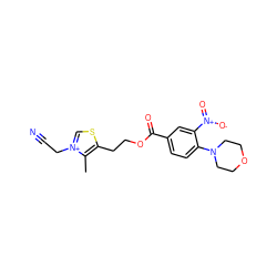 Cc1c(CCOC(=O)c2ccc(N3CCOCC3)c([N+](=O)[O-])c2)sc[n+]1CC#N ZINC000005523334