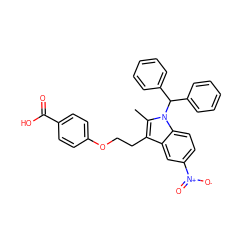 Cc1c(CCOc2ccc(C(=O)O)cc2)c2cc([N+](=O)[O-])ccc2n1C(c1ccccc1)c1ccccc1 ZINC000013678408