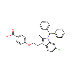 Cc1c(CCOc2ccc(C(=O)O)cc2)c2ccc(Cl)cc2n1C(c1ccccc1)c1ccccc1 ZINC000013678404