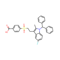 Cc1c(CCS(=O)(=O)c2ccc(C(=O)O)cc2)c2cc(F)ccc2n1C(c1ccccc1)c1ccccc1 ZINC000028566679