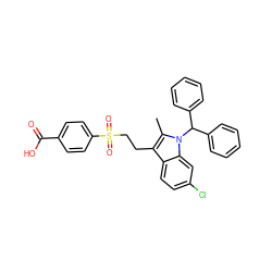 Cc1c(CCS(=O)(=O)c2ccc(C(=O)O)cc2)c2ccc(Cl)cc2n1C(c1ccccc1)c1ccccc1 ZINC000028566675