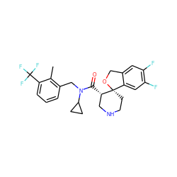 Cc1c(CN(C(=O)[C@H]2CNCC[C@@]23OCc2cc(F)c(F)cc23)C2CC2)cccc1C(F)(F)F ZINC000068249630