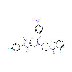 Cc1c(CN(CCc2ccc([N+](=O)[O-])cc2)C2CCN(C(=O)c3c(F)cccc3F)CC2)c(=O)n(-c2ccc(F)cc2)n1C ZINC000028897833