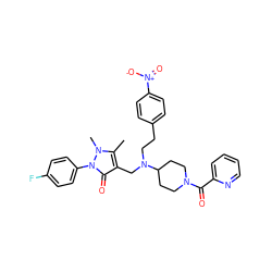 Cc1c(CN(CCc2ccc([N+](=O)[O-])cc2)C2CCN(C(=O)c3ccccn3)CC2)c(=O)n(-c2ccc(F)cc2)n1C ZINC000028897894