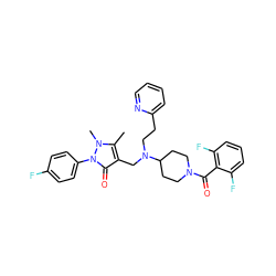 Cc1c(CN(CCc2ccccn2)C2CCN(C(=O)c3c(F)cccc3F)CC2)c(=O)n(-c2ccc(F)cc2)n1C ZINC000028897871