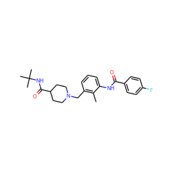 Cc1c(CN2CCC(C(=O)NC(C)(C)C)CC2)cccc1NC(=O)c1ccc(F)cc1 ZINC001772656935