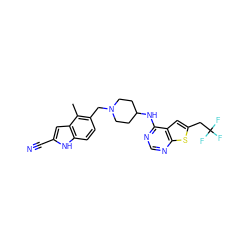 Cc1c(CN2CCC(Nc3ncnc4sc(CC(F)(F)F)cc34)CC2)ccc2[nH]c(C#N)cc12 ZINC000221968816