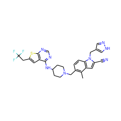 Cc1c(CN2CCC(Nc3ncnc4sc(CC(F)(F)F)cc34)CC2)ccc2c1cc(C#N)n2Cc1cn[nH]c1 ZINC000231128670