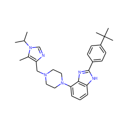 Cc1c(CN2CCN(c3cccc4[nH]c(-c5ccc(C(C)(C)C)cc5)nc34)CC2)ncn1C(C)C ZINC000040429778