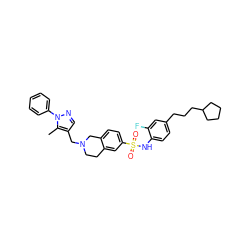 Cc1c(CN2CCc3cc(S(=O)(=O)Nc4ccc(CCCC5CCCC5)cc4F)ccc3C2)cnn1-c1ccccc1 ZINC000261115105