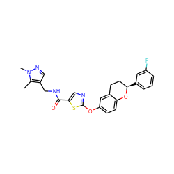 Cc1c(CNC(=O)c2cnc(Oc3ccc4c(c3)CC[C@@H](c3cccc(F)c3)O4)s2)cnn1C ZINC000169710496