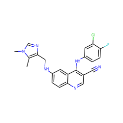 Cc1c(CNc2ccc3ncc(C#N)c(Nc4ccc(F)c(Cl)c4)c3c2)ncn1C ZINC000028604188