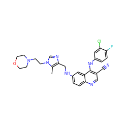 Cc1c(CNc2ccc3ncc(C#N)c(Nc4ccc(F)c(Cl)c4)c3c2)ncn1CCN1CCOCC1 ZINC000036177451