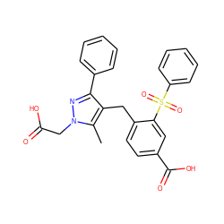 Cc1c(Cc2ccc(C(=O)O)cc2S(=O)(=O)c2ccccc2)c(-c2ccccc2)nn1CC(=O)O ZINC000103237930