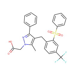 Cc1c(Cc2ccc(C(F)(F)F)cc2S(=O)(=O)c2ccccc2)c(-c2ccccc2)nn1CC(=O)O ZINC000103238006