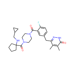 Cc1c(Cc2ccc(F)c(C(=O)N3CCN(C(=O)C4(NCC5CC5)CCCC4)CC3)c2)n[nH]c(=O)c1C ZINC000045356799