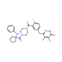 Cc1c(Cc2ccc(F)c(C(=O)N3CCN(C(=O)C4(Nc5ccccc5)CCCC4)CC3)c2)n[nH]c(=O)c1C ZINC000045364074