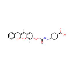 Cc1c(Cc2ccccc2)c(=O)oc2c(C)c(OCC(=O)NC[C@H]3CC[C@H](C(=O)O)CC3)ccc12 ZINC000238901819