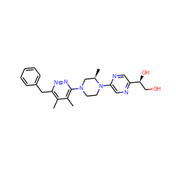 Cc1c(Cc2ccccc2)nnc(N2CCN(c3cnc([C@@H](O)CO)cn3)[C@H](C)C2)c1C ZINC000168373872