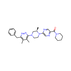 Cc1c(Cc2ccccc2)nnc(N2CCN(c3cnc(C(=O)N4CCCCC4)cn3)[C@H](C)C2)c1C ZINC000201143347