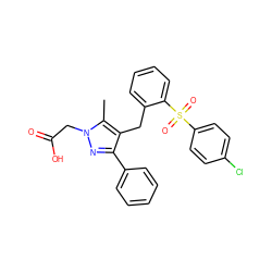 Cc1c(Cc2ccccc2S(=O)(=O)c2ccc(Cl)cc2)c(-c2ccccc2)nn1CC(=O)O ZINC000103237975