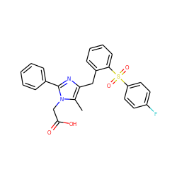 Cc1c(Cc2ccccc2S(=O)(=O)c2ccc(F)cc2)nc(-c2ccccc2)n1CC(=O)O ZINC000653723586