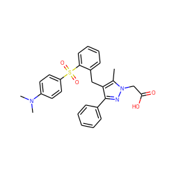 Cc1c(Cc2ccccc2S(=O)(=O)c2ccc(N(C)C)cc2)c(-c2ccccc2)nn1CC(=O)O ZINC000103237981