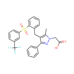 Cc1c(Cc2ccccc2S(=O)(=O)c2cccc(C(F)(F)F)c2)c(-c2ccccc2)nn1CC(=O)O ZINC000103237951