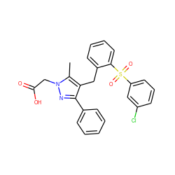 Cc1c(Cc2ccccc2S(=O)(=O)c2cccc(Cl)c2)c(-c2ccccc2)nn1CC(=O)O ZINC000103237948