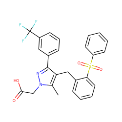 Cc1c(Cc2ccccc2S(=O)(=O)c2ccccc2)c(-c2cccc(C(F)(F)F)c2)nn1CC(=O)O ZINC000103238002