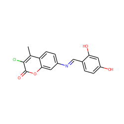 Cc1c(Cl)c(=O)oc2cc(/N=C/c3ccc(O)cc3O)ccc12 ZINC000299856434