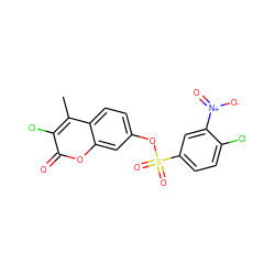 Cc1c(Cl)c(=O)oc2cc(OS(=O)(=O)c3ccc(Cl)c([N+](=O)[O-])c3)ccc12 ZINC001772575239