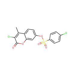 Cc1c(Cl)c(=O)oc2cc(OS(=O)(=O)c3ccc(Cl)cc3)ccc12 ZINC001772644812