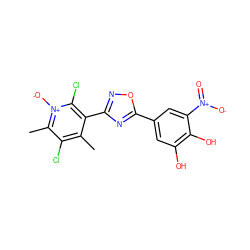 Cc1c(Cl)c(C)[n+]([O-])c(Cl)c1-c1noc(-c2cc(O)c(O)c([N+](=O)[O-])c2)n1 ZINC000034602275