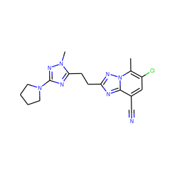 Cc1c(Cl)cc(C#N)c2nc(CCc3nc(N4CCCC4)nn3C)nn12 ZINC000210695608