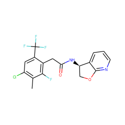 Cc1c(Cl)cc(C(F)(F)F)c(CC(=O)N[C@@H]2COc3ncccc32)c1F ZINC000146565499